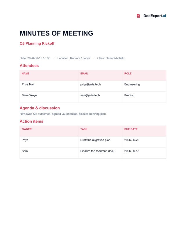 Preview of a finished Meeting minutes template